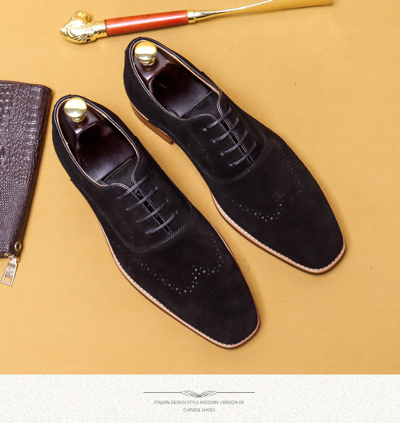 Cross-Border Men's Shoes British Genuine Leather Suede Business Formal Wear Oxford Shoes Lace-up Carving Brogue Foreign Trade Leather Shoes