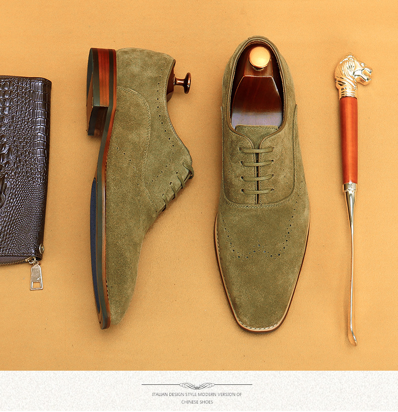 Cross-Border Men's Shoes British Genuine Leather Suede Business Formal Wear Oxford Shoes Lace-up Carving Brogue Foreign Trade Leather Shoes
