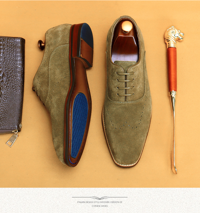 Cross-Border Men's Shoes British Genuine Leather Suede Business Formal Wear Oxford Shoes Lace-up Carving Brogue Foreign Trade Leather Shoes