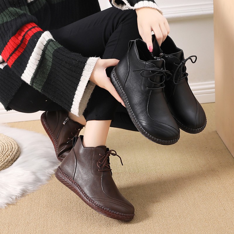 New Single Layer Shoes Comfortable Soft Bottom Leather Shoes Women&#039;s Soft Leather Shoes Flat Middle-Aged and Elderly Mom Shoes Autumn and Winter Velvet High-Top Shoes