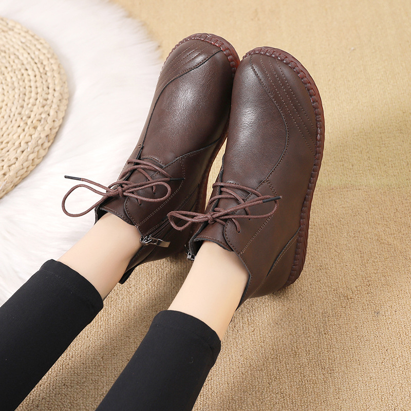 New Single Layer Shoes Comfortable Soft Bottom Leather Shoes Women&#039;s Soft Leather Shoes Flat Middle-Aged and Elderly Mom Shoes Autumn and Winter Velvet High-Top Shoes