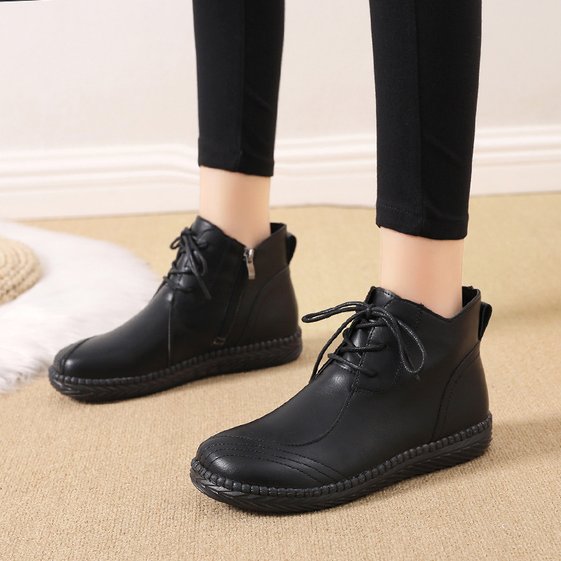 New Single Layer Shoes Comfortable Soft Bottom Leather Shoes Women&#039;s Soft Leather Shoes Flat Middle-Aged and Elderly Mom Shoes Autumn and Winter Velvet High-Top Shoes