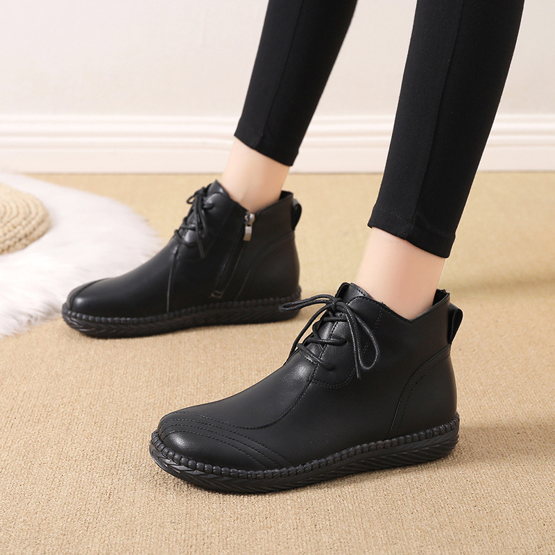 New Single Layer Shoes Comfortable Soft Bottom Leather Shoes Women&#039;s Soft Leather Shoes Flat Middle-Aged and Elderly Mom Shoes Autumn and Winter Velvet High-Top Shoes