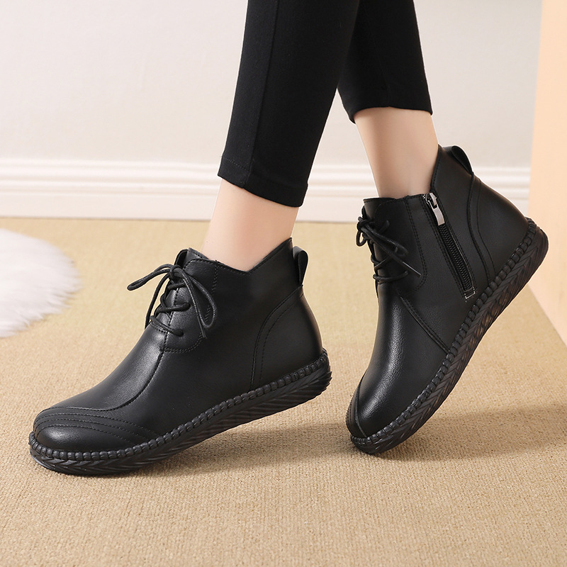 New Single Layer Shoes Comfortable Soft Bottom Leather Shoes Women's Soft Leather Shoes Flat Middle-Aged and Elderly Mom Shoes Autumn and Winter Velvet High-Top Shoes