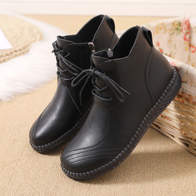 New Single Layer Shoes Comfortable Soft Bottom Leather Shoes Women's Soft Leather Shoes Flat Middle-Aged and Elderly Mom Shoes Autumn and Winter Velvet High-Top Shoes