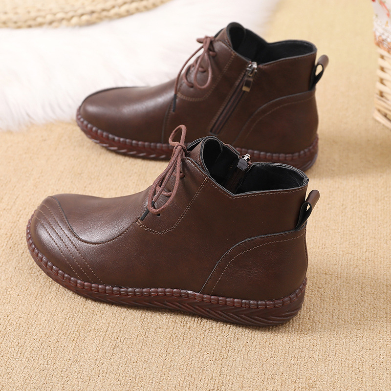 New Single Layer Shoes Comfortable Soft Bottom Leather Shoes Women's Soft Leather Shoes Flat Middle-Aged and Elderly Mom Shoes Autumn and Winter Velvet High-Top Shoes