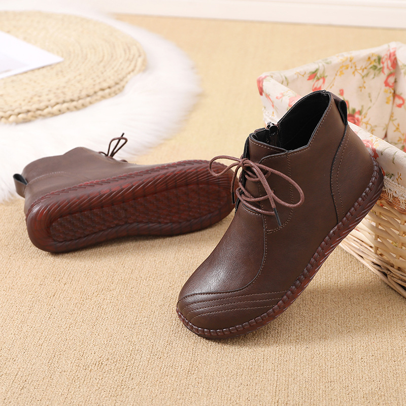 New Single Layer Shoes Comfortable Soft Bottom Leather Shoes Women's Soft Leather Shoes Flat Middle-Aged and Elderly Mom Shoes Autumn and Winter Velvet High-Top Shoes