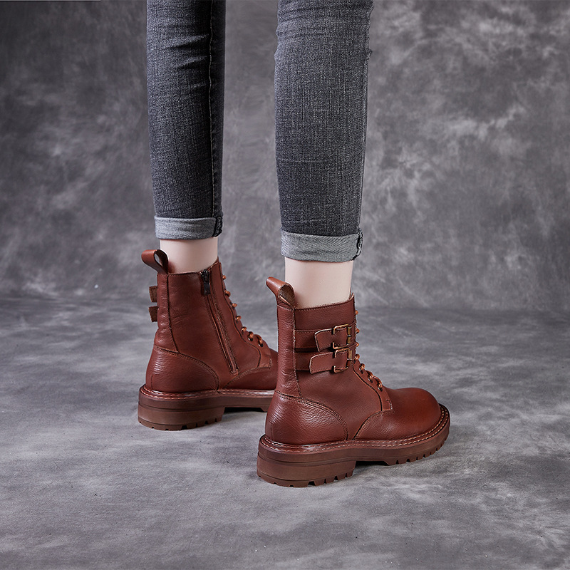 2021 Autumn New Retro Women&#039;s Shoes Top Layer Cowhide Martin Boots Breathable, Non-Slip, Wear-Resistant Handmade High-Top Leather Shoes