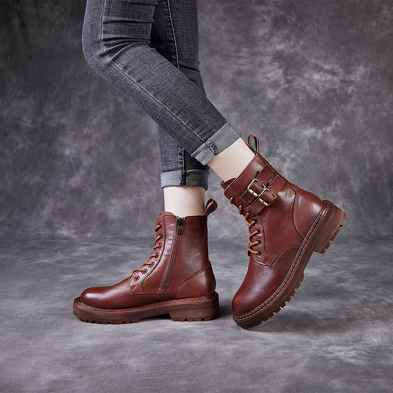 2021 Autumn New Retro Women&#039;s Shoes Top Layer Cowhide Martin Boots Breathable, Non-Slip, Wear-Resistant Handmade High-Top Leather Shoes