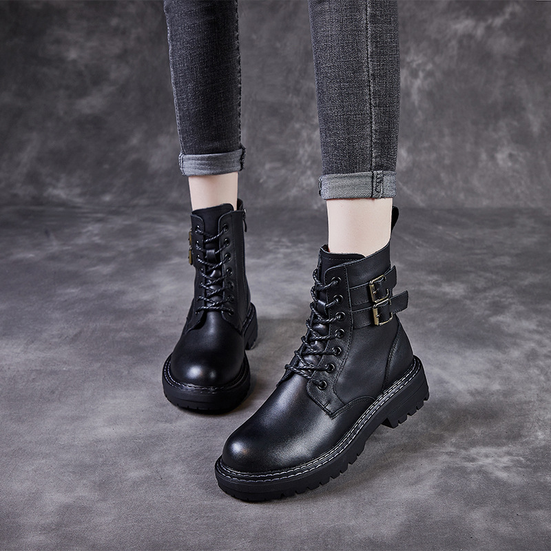 2021 Autumn New Retro Women&#039;s Shoes Top Layer Cowhide Martin Boots Breathable, Non-Slip, Wear-Resistant Handmade High-Top Leather Shoes