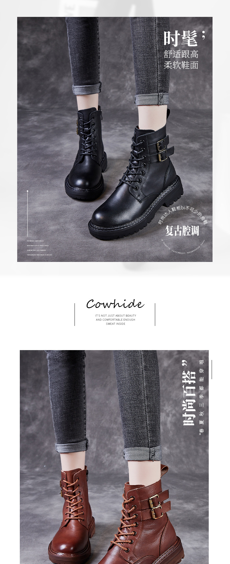 2021 Autumn New Retro Women's Shoes Top Layer Cowhide Martin Boots Breathable, Non-Slip, Wear-Resistant Handmade High-Top Leather Shoes