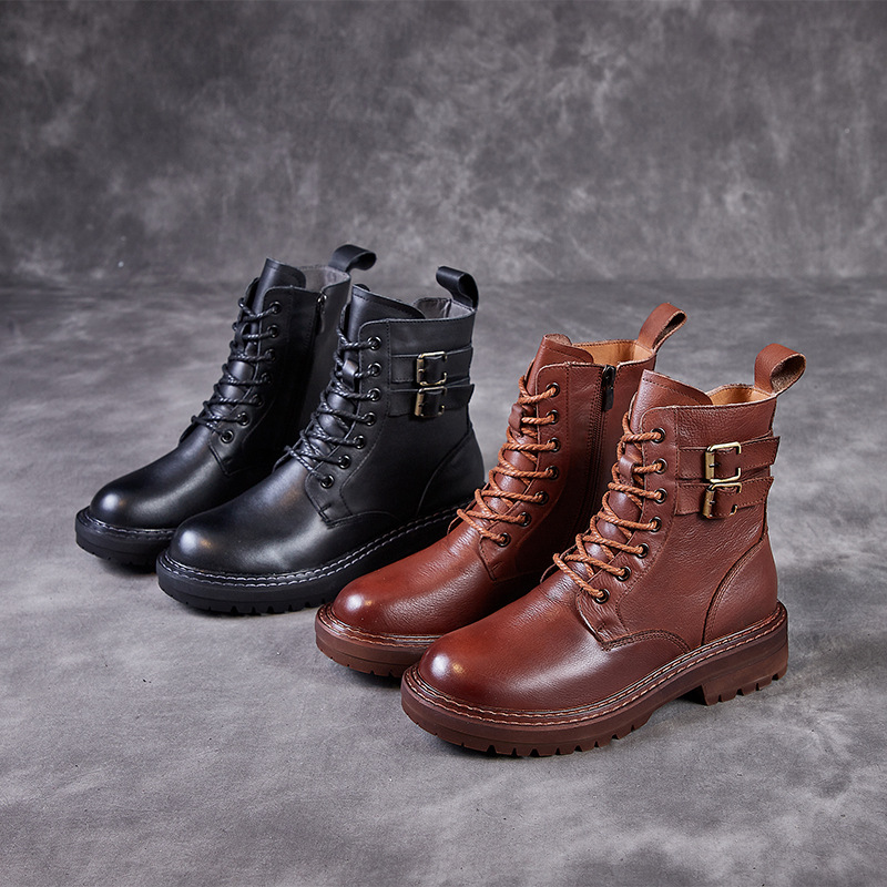 2021 Autumn New Retro Women&#039;s Shoes Top Layer Cowhide Martin Boots Breathable, Non-Slip, Wear-Resistant Handmade High-Top Leather Shoes