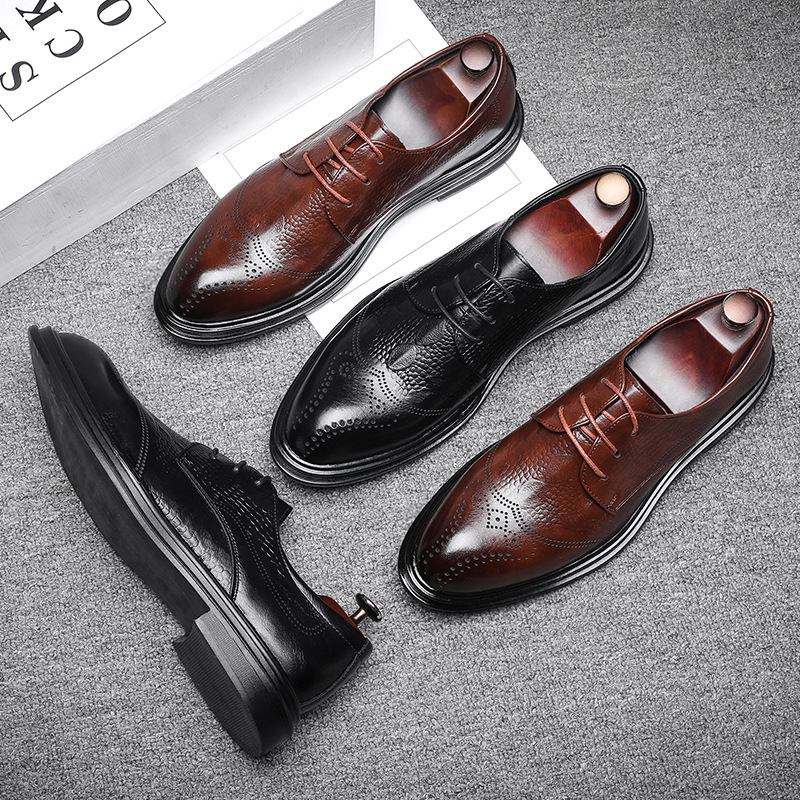 Men&#039;s Business Formal Pointed-Toe Lace Embossed Leather Shoes New Fashion Crocodile Pattern Brogue 7781