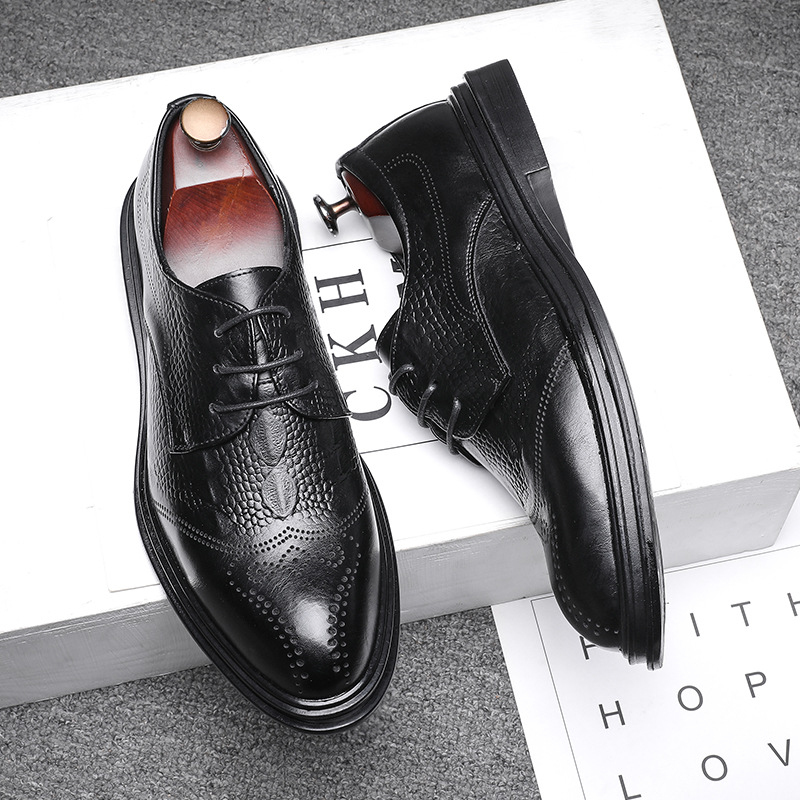 Men&#039;s Business Formal Pointed-Toe Lace Embossed Leather Shoes New Fashion Crocodile Pattern Brogue 7781