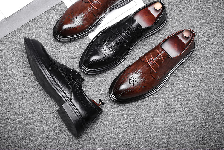Men's Business Formal Pointed-Toe Lace Embossed Leather Shoes New Fashion Crocodile Pattern Brogue 7781