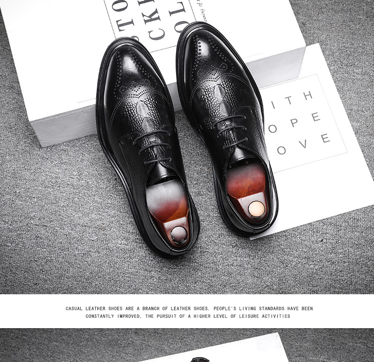 Men's Business Formal Pointed-Toe Lace Embossed Leather Shoes New Fashion Crocodile Pattern Brogue 7781