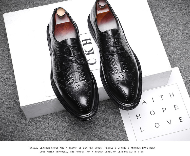 Men's Business Formal Pointed-Toe Lace Embossed Leather Shoes New Fashion Crocodile Pattern Brogue 7781