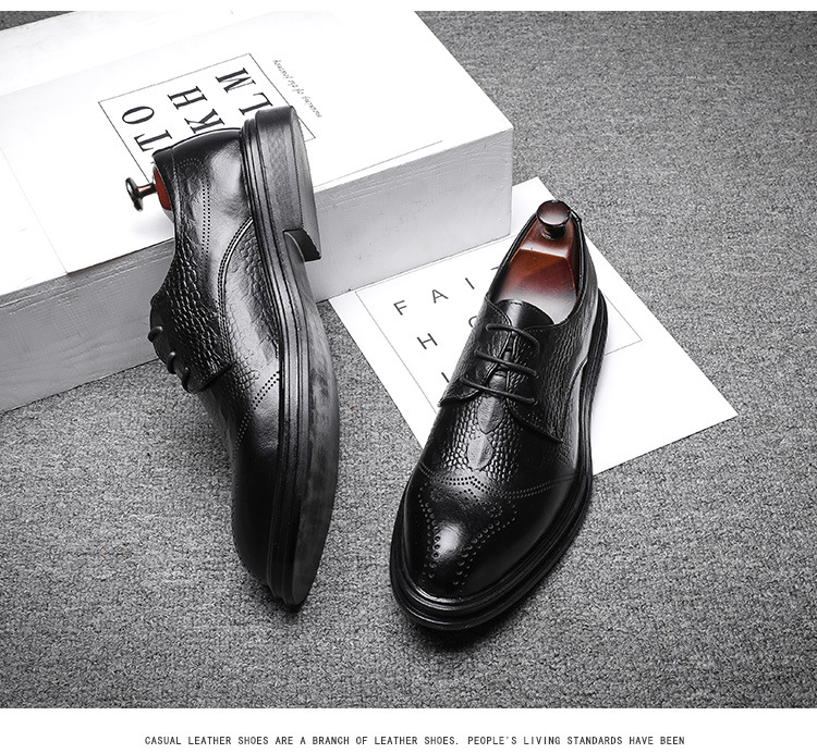 Men's Business Formal Pointed-Toe Lace Embossed Leather Shoes New Fashion Crocodile Pattern Brogue 7781