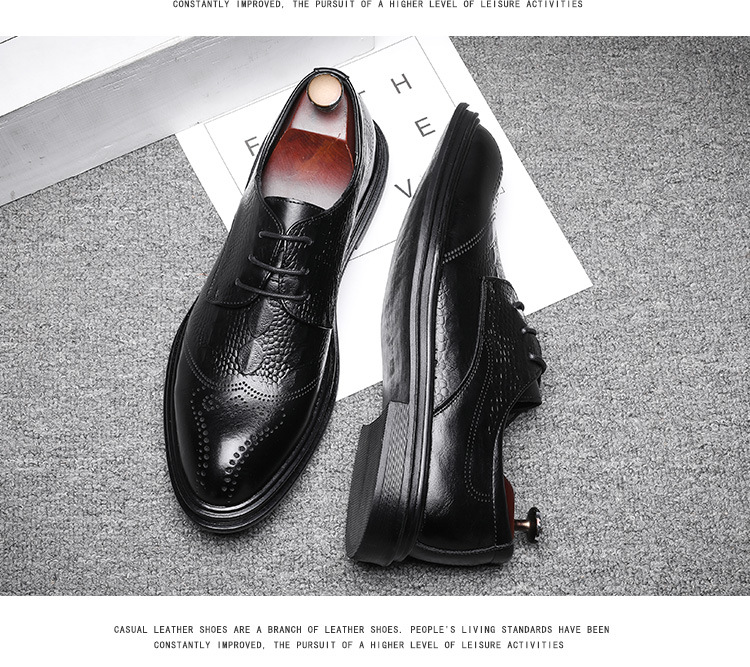 Men's Business Formal Pointed-Toe Lace Embossed Leather Shoes New Fashion Crocodile Pattern Brogue 7781