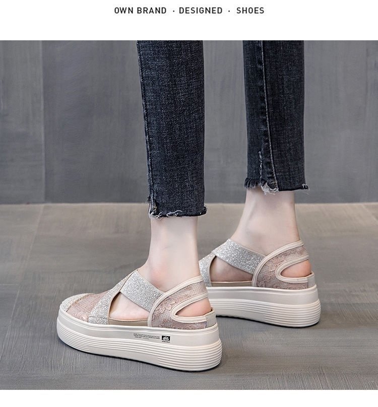 2021 Summer Platform Muffin Lace Casual Slip-on Loafers Sandals Breathable Mesh Hollow Fisherman Shoes for Women