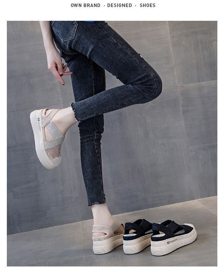 2021 Summer Platform Muffin Lace Casual Slip-on Loafers Sandals Breathable Mesh Hollow Fisherman Shoes for Women