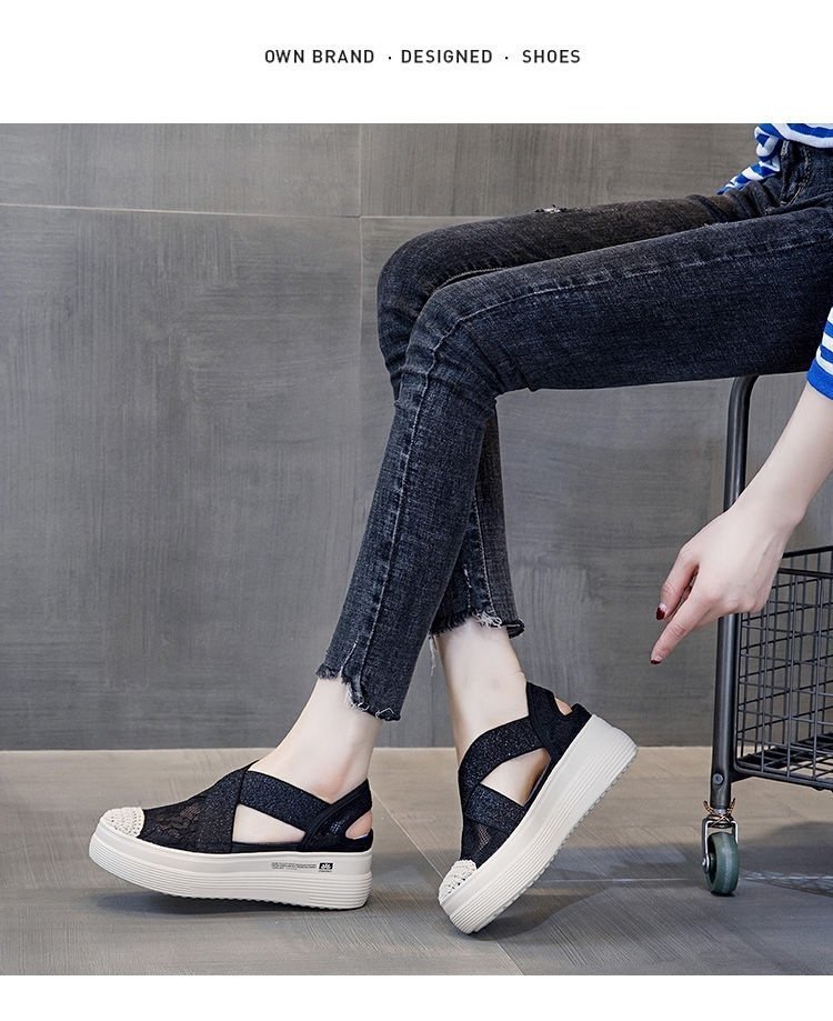 2021 Summer Platform Muffin Lace Casual Slip-on Loafers Sandals Breathable Mesh Hollow Fisherman Shoes for Women