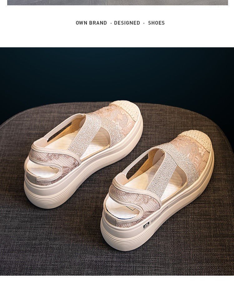 2021 Summer Platform Muffin Lace Casual Slip-on Loafers Sandals Breathable Mesh Hollow Fisherman Shoes for Women