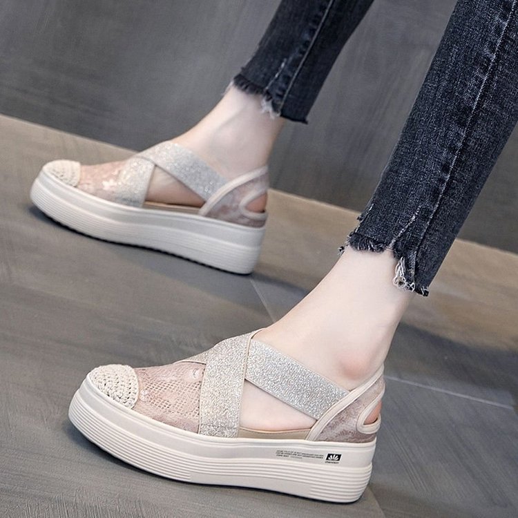 2021 Summer Platform Muffin Lace Casual Slip-on Loafers Sandals Breathable Mesh Hollow Fisherman Shoes for Women
