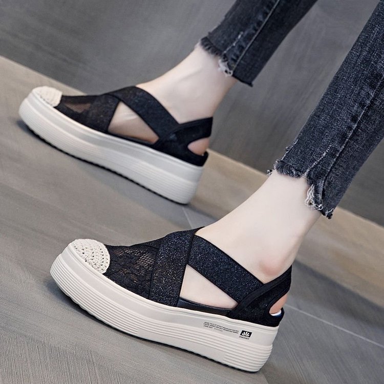 2021 Summer Platform Muffin Lace Casual Slip-on Loafers Sandals Breathable Mesh Hollow Fisherman Shoes for Women