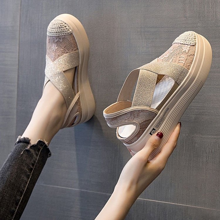 2021 Summer Platform Muffin Lace Casual Slip-on Loafers Sandals Breathable Mesh Hollow Fisherman Shoes for Women