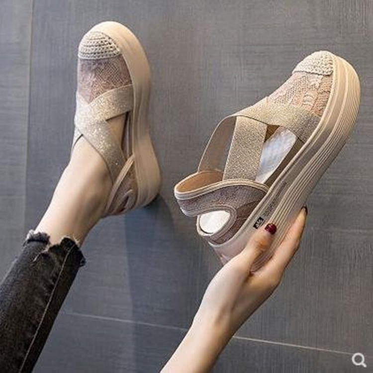 2021 Summer Autumn Style Platform Platform Lace Slip-on Lofter Loafers Sandals Breathable Mesh Hollow Fisherman Shoes for Women