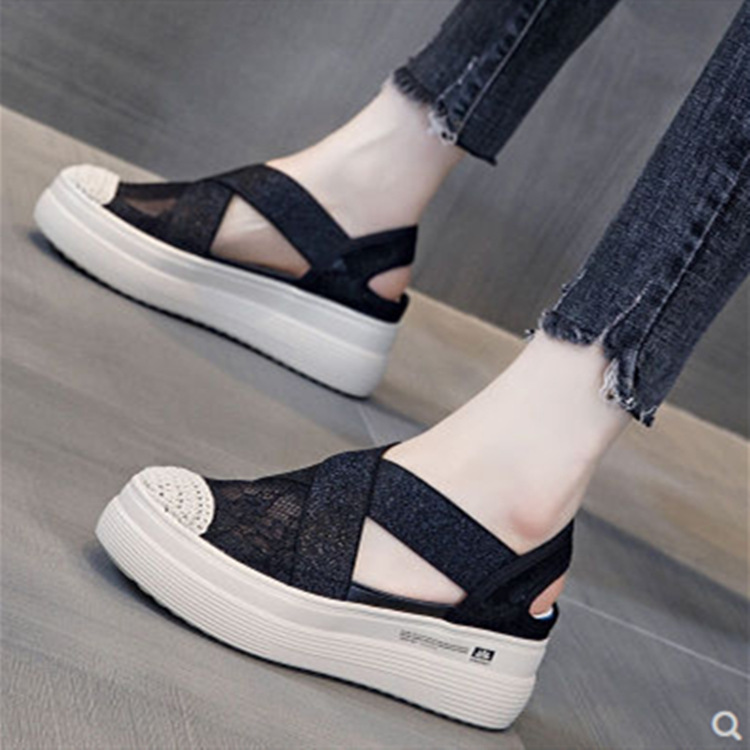 2021 Summer Autumn Style Platform Platform Lace Slip-on Lofter Loafers Sandals Breathable Mesh Hollow Fisherman Shoes for Women