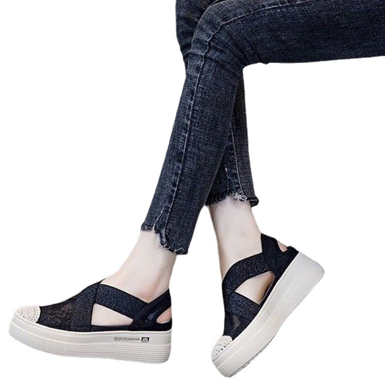 2021 Summer Autumn Style Platform Platform Lace Slip-on Lofter Loafers Sandals Breathable Mesh Hollow Fisherman Shoes for Women