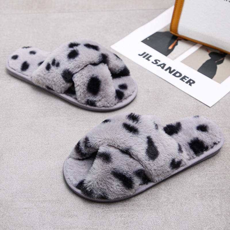 Cross Plush Slippers for Women 2022 New Leopard Print Casual Home Cotton Slippers Cross-Border Direct Supply Woolen Slipper Sewing Shoes