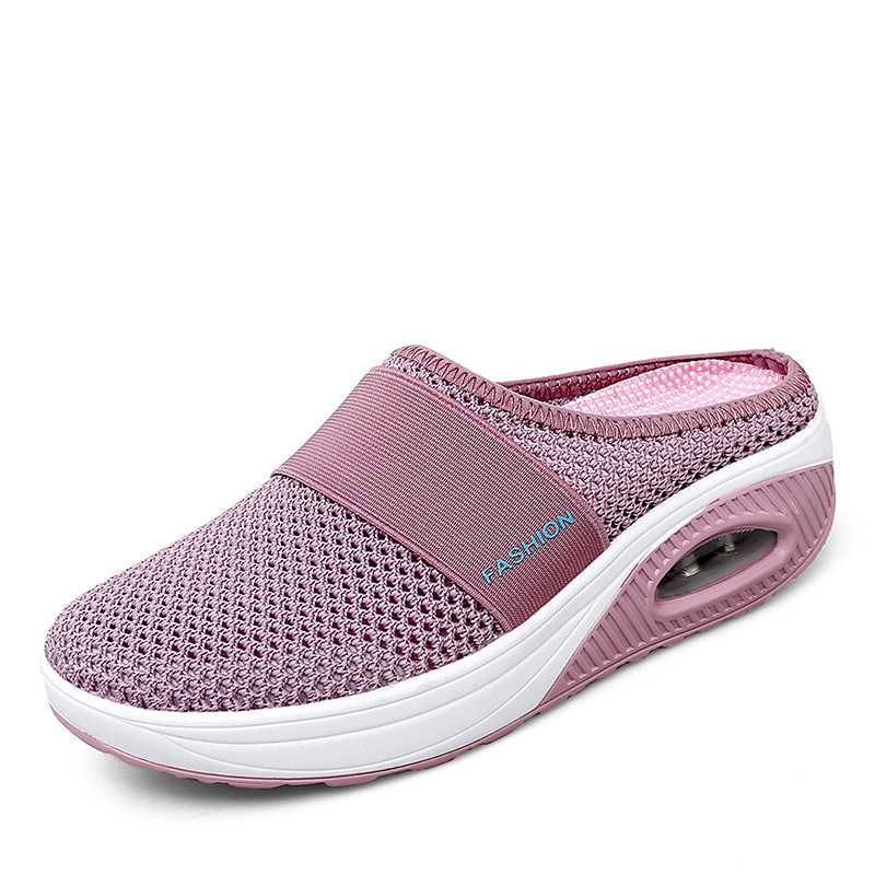 Foreign Trade Large Size Heel-Free Slip-on Ladies&#039; Lazy Platform Air Cushion Hollow Mesh Surface Breathable Closed Toe Semi Slipper Women&#039;s Shoes
