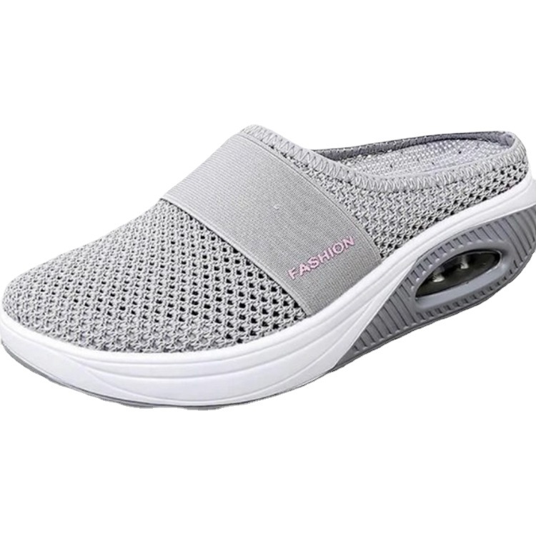 Foreign Trade Large Size Heel-Free Slip-on Ladies&#039; Lazy Platform Air Cushion Hollow Mesh Surface Breathable Closed Toe Semi Slipper Women&#039;s Shoes