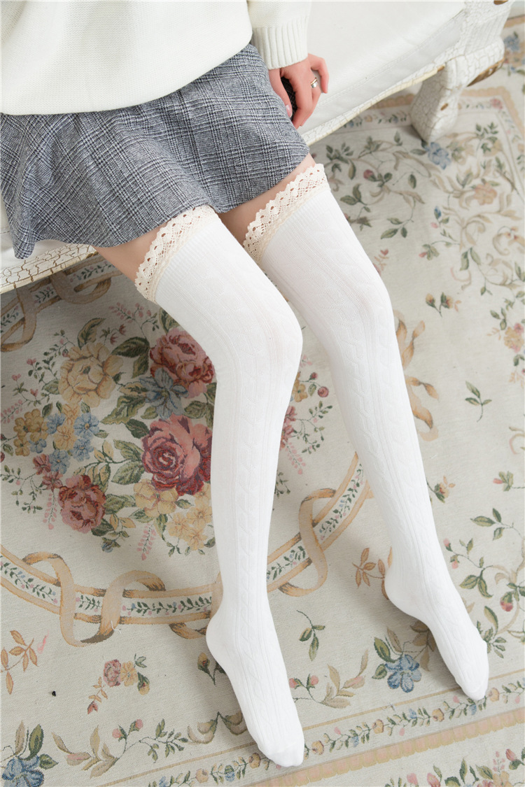 Japanese Linen Flower Color Cotton Knee Socks Factory Direct Sales Wholesale Girl Jacquard Stockings Lace Stitching Socks Women