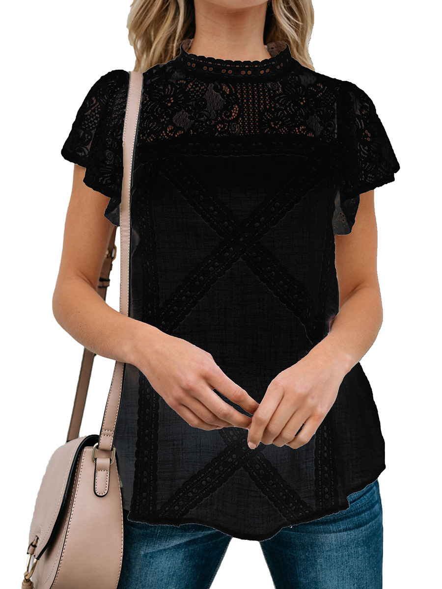 Summer 2020 hot style casual flower hollow-out lace lace short sleeve round neck short sleeve T-shirt