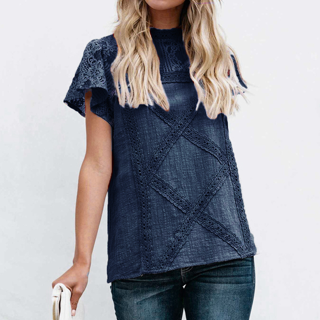 Summer 2020 hot style casual flower hollow-out lace lace short sleeve round neck short sleeve T-shirt