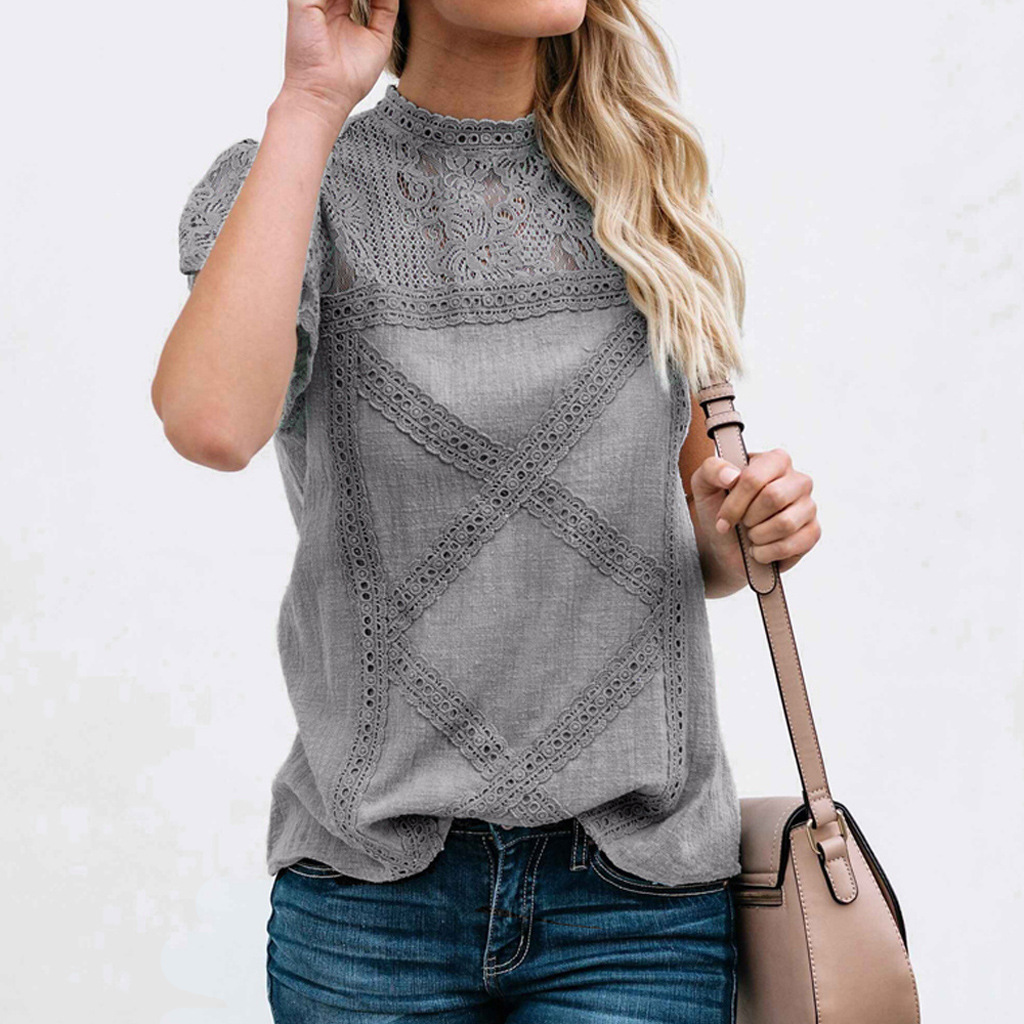 Summer 2020 hot style casual flower hollow-out lace lace short sleeve round neck short sleeve T-shirt