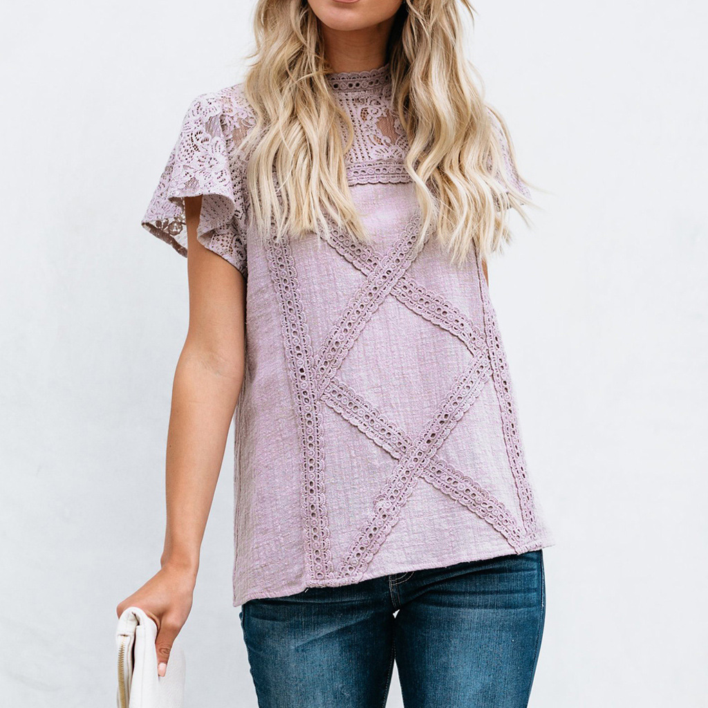 Summer 2020 hot style casual flower hollow-out lace lace short sleeve round neck short sleeve T-shirt