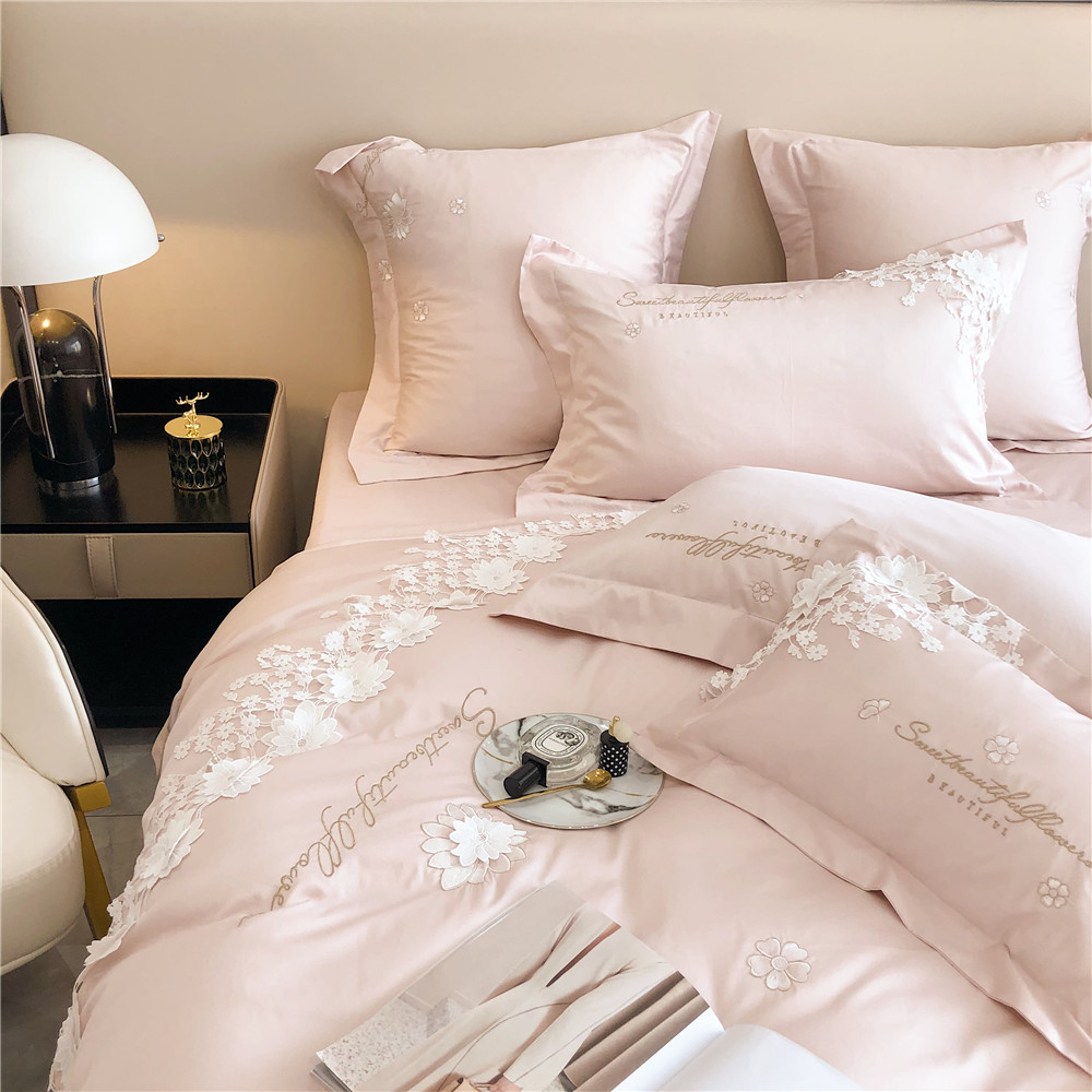 High-End Lace Flower Quilt Cover 100 Australian Cotton Silky Four-Piece Cotton Tribute Satin Skin-Friendly Naked Sleeping Sheets Bedding