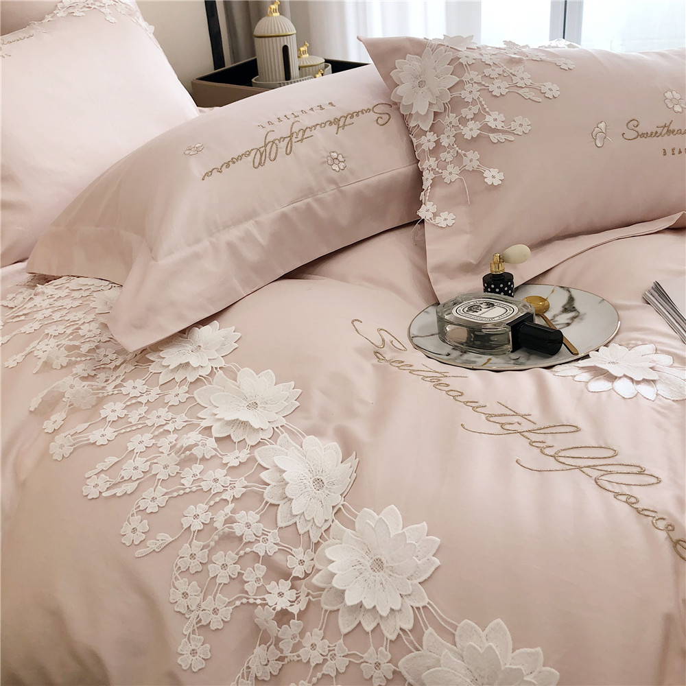 High-End Lace Flower Quilt Cover 100 Australian Cotton Silky Four-Piece Cotton Tribute Satin Skin-Friendly Naked Sleeping Sheets Bedding