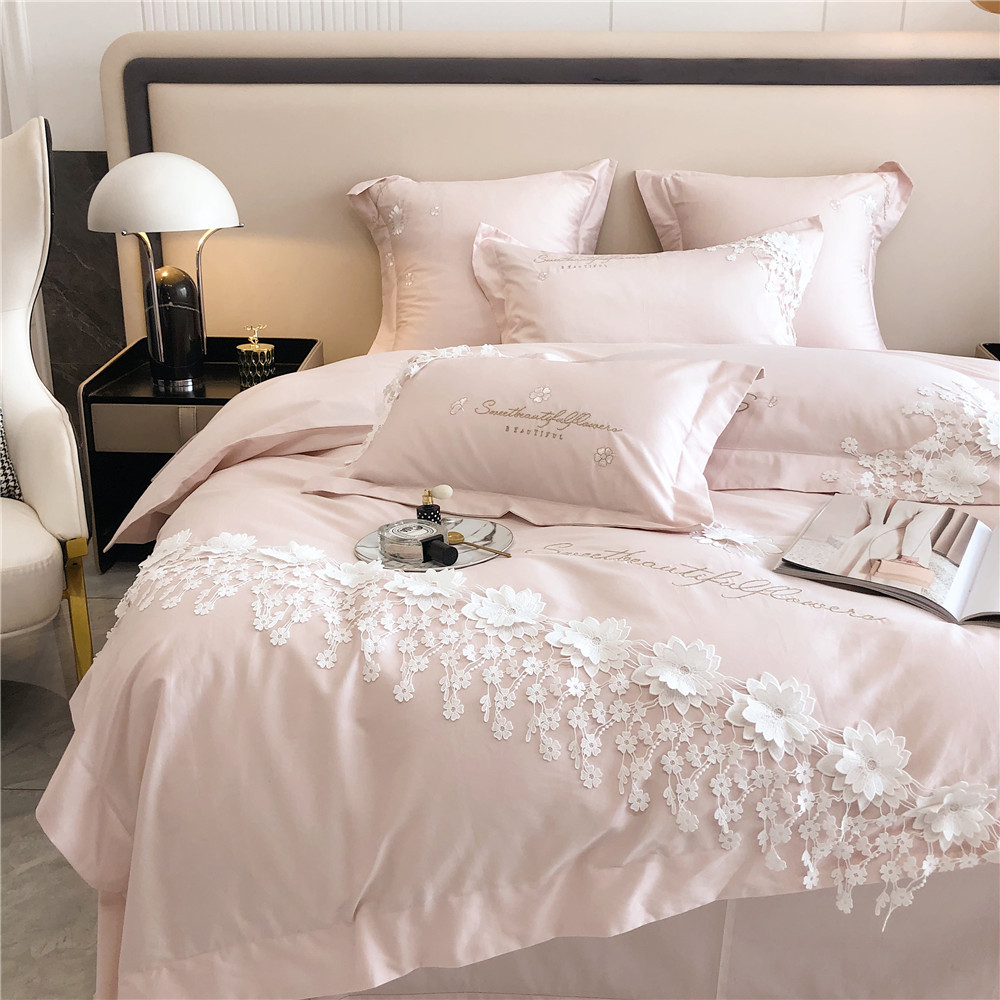 High-End Lace Flower Quilt Cover 100 Australian Cotton Silky Four-Piece Cotton Tribute Satin Skin-Friendly Naked Sleeping Sheets Bedding