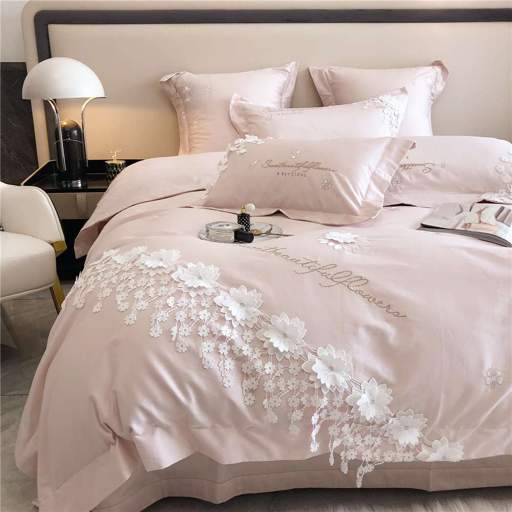 High-End Lace Flower Quilt Cover 100 Australian Cotton Silky Four-Piece Cotton Tribute Satin Skin-Friendly Naked Sleeping Sheets Bedding High-End Lace Flower Quilt Cover 100 Australian Cotton Silky Four-Piece Cotton Tribute Satin Skin-Friendly Naked Sleeping Sheets Bedding