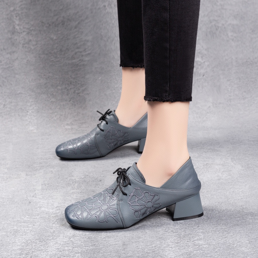 Pumps Women&#039;s 202 Autumn and Winter New SUNFLOWER Embroidered Lace-up Women&#039;s Shoes One Pair of Shoes for Two Uses Mid Heel Loafers Casual Shoes