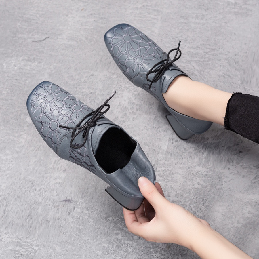Pumps Women's 202 Autumn and Winter New SUNFLOWER Embroidered Lace-up Women's Shoes One Pair of Shoes for Two Uses Mid Heel Loafers Casual Shoes