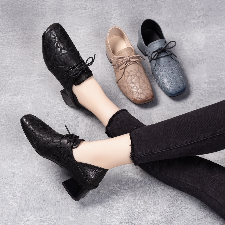 Pumps Women's 202 Autumn and Winter New SUNFLOWER Embroidered Lace-up Women's Shoes One Pair of Shoes for Two Uses Mid Heel Loafers Casual Shoes