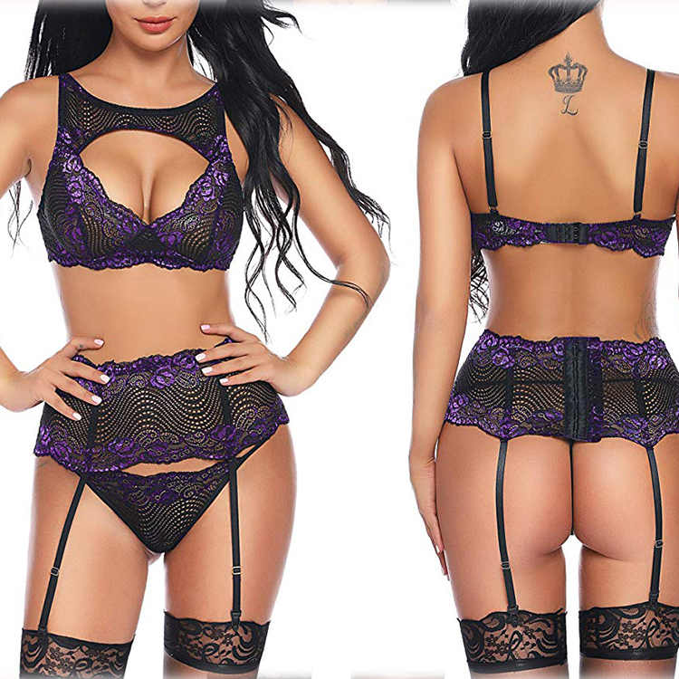 Lace embroidery ladies sexy thong and bra underwear set ladi  Women Bras Underwe