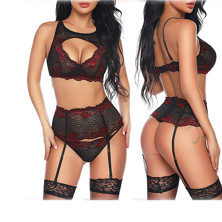 Lace embroidery ladies sexy thong and bra underwear set ladi  Women Bras Underwe
